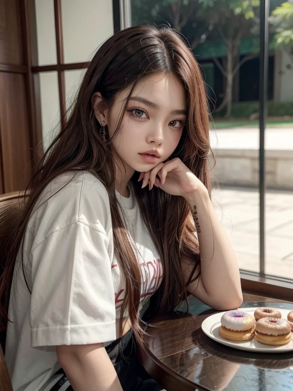 arafed woman Con cabello rojo sitting at a table with a plate of donuts, jennie rosa ?????, jossi de blackpink, Con cabello rojo, gema chen, portrait of jossi de blackpink, parque roseanne de blackpink, tomada a principios de la década de 2020, cara bonita de cabello castaño y pelirrojo, Jennie blackpink, ella tiene el cabello rojo