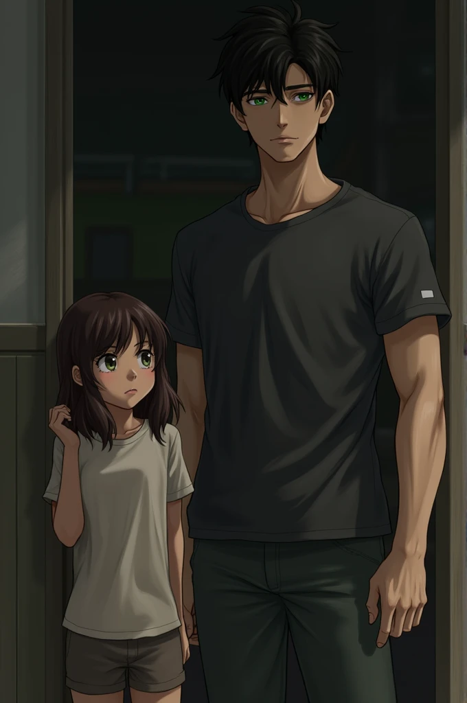 a dark brown wavy-haired, skinny girl looking forward confused, while on the side a boy 2.04 tall, strong, black hair and green eyes stares at her