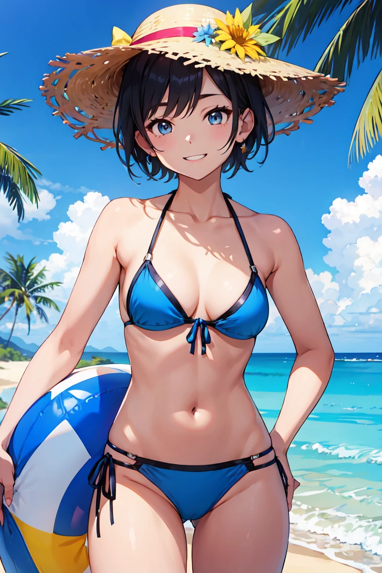 Beautiful Woman Short Hair Beach、bikini、bikini、bikini ,Happy