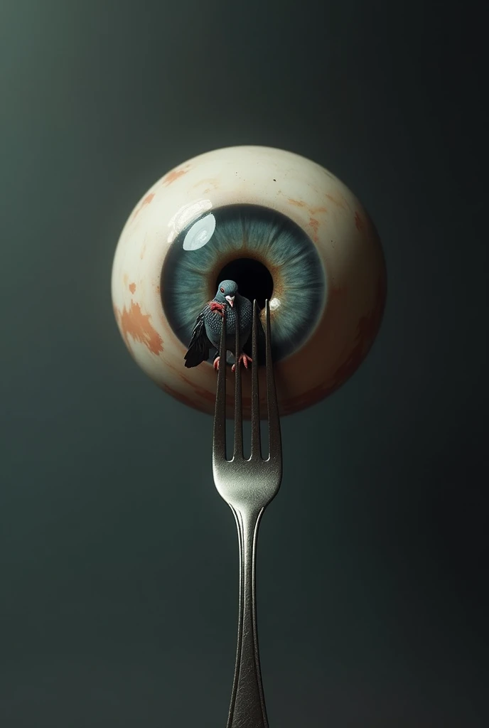 A fork poking an eye with a pigeon in the pupil
