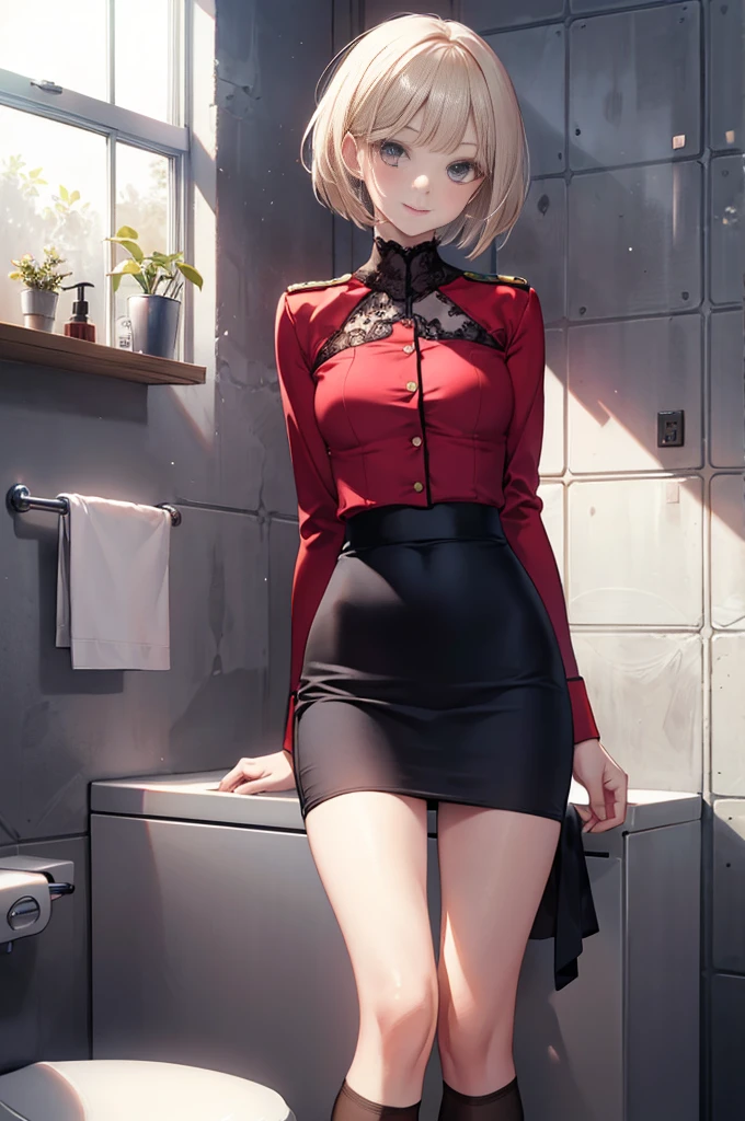 (masterpiece), 4K,woman,I have panties,Take off your long-sleeved military uniform,Small breasts,Small Ass,Bobcut,Light bulb lighting,Realistic, skinny, Lace Stockings,smile,Sit in a luxurious bathroom,((Knee-length pencil skirt)),