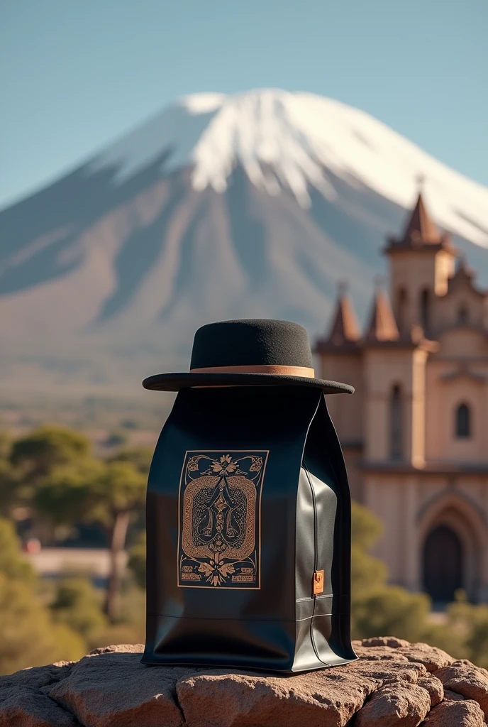 Black coffee bag with a hat, with the background of the misti and the cathedral of arequipa arequipa