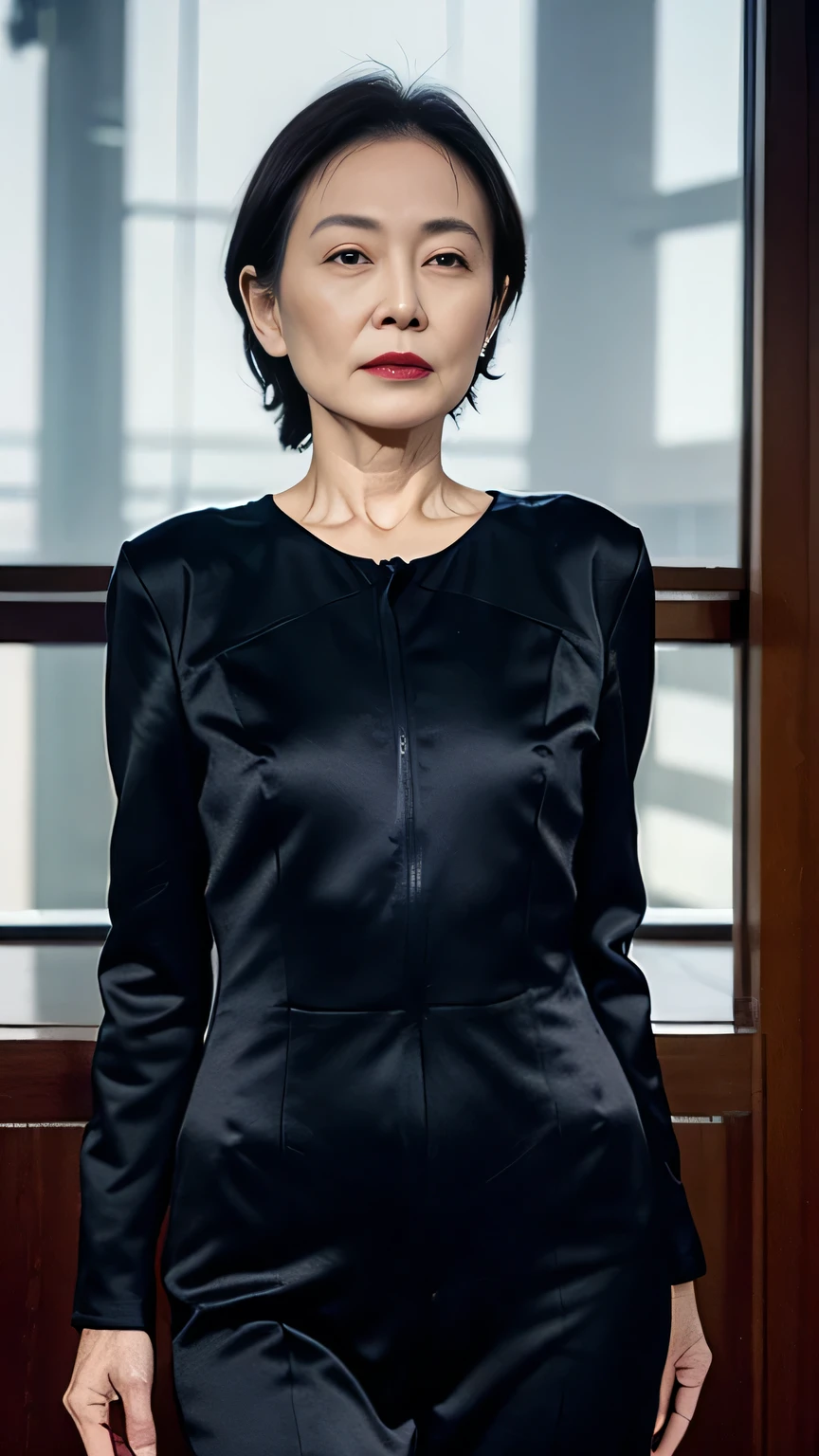 masterpiece, ((Great Focus)), 32K, Beautiful finish, Beautiful mature woman, 65-year-old woman, Slender figure、Photo of your ID, director, View from the front, A look of contempt, Cool look, Red lips, Thin lips, See-through black one-piece suit, Light from the front,