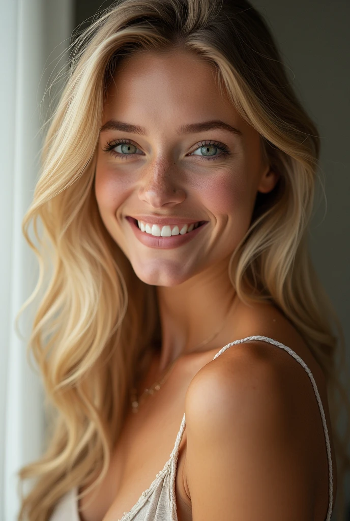 Naked blonde woman smiling