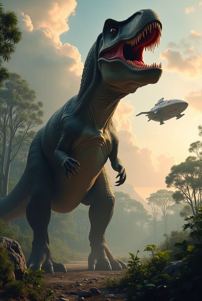A Tyrannosaurus rex watches a small spaceship falling in the sky as it devours its prey