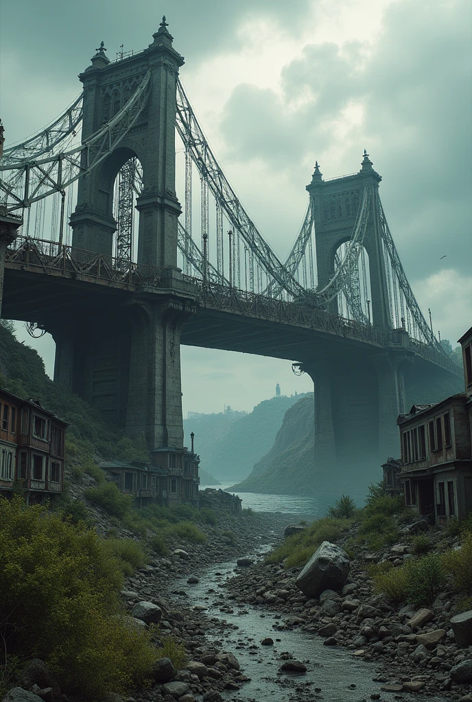a war-torn bridge, detailed battle-damaged environment, post-apocalyptic atmosphere, cinematic lighting, gritty realism, dramatic composition, muted color palette, weathered textures, highly detailed, intricate architectural elements, dramatic cloudy sky, ruined buildings, debris field, rusty metal, cracked concrete, shattered glass, overgrown vegetation, best quality, 8k, HDR, cinematic, photorealistic, dramatic lighting, muted color palette, dystopian, concept art style