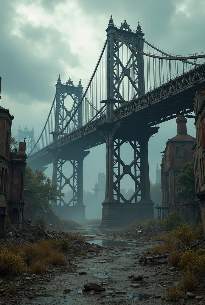 a war-torn bridge, detailed battle-damaged environment, post-apocalyptic atmosphere, cinematic lighting, gritty realism, dramatic composition, muted color palette, weathered textures, highly detailed, intricate architectural elements, dramatic cloudy sky, ruined buildings, debris field, rusty metal, cracked concrete, shattered glass, overgrown vegetation, best quality, 8k, HDR, cinematic, photorealistic, dramatic lighting, muted color palette, dystopian, concept art style