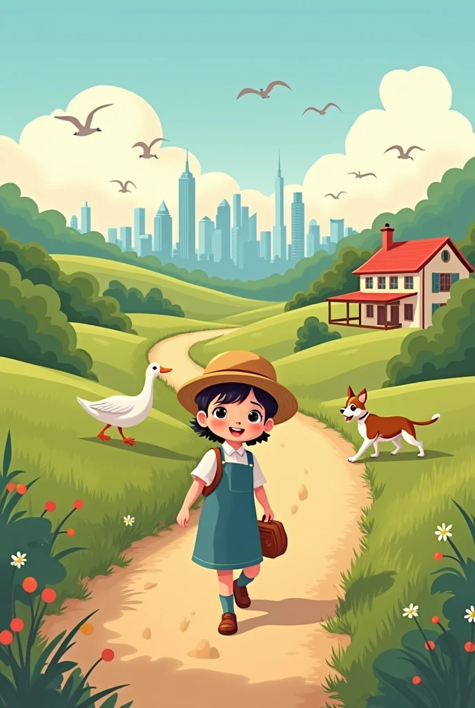 Draw a cartoon of a country child going to study in the city