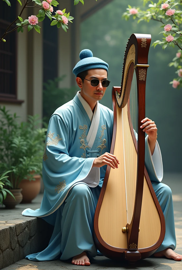 Harpist man in Chinese costume with round blue hat and sunglasses