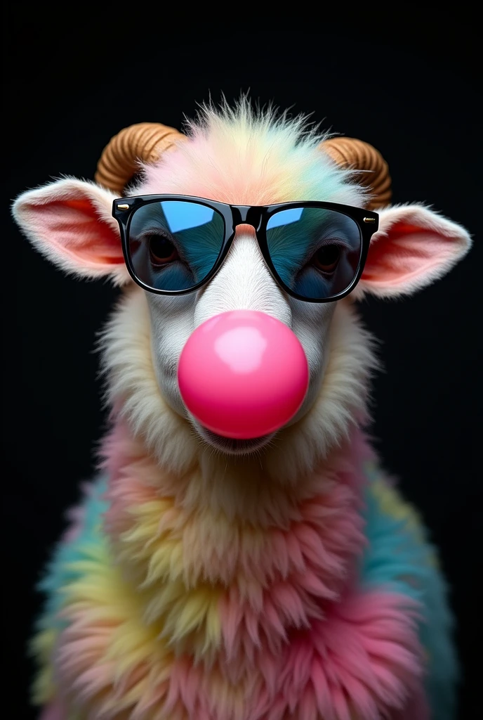 Create a picture of a sheep with colorful fluffy fur, to chew gum, that does not have horns, He wears dark mirrored glasses on a black background and you can see his teeth smiling