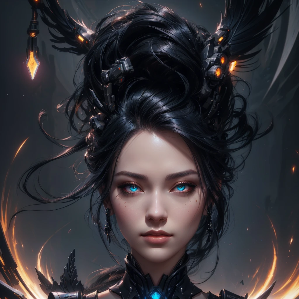 raven style hairs, Mechanical raven head with hairs, sci-fi, a close up of a woman - sci-FI queen of the raven with a sci fiorer on her face, Mechanical raven IN HAIRS, fiol glowing eyes, hd , cinematic, cinematic light, dinamic, rossdraws portrait, fantasy concept art portrait, wojtek fus, rossdraws 2. 0, rossdraws 1. 0, rossdraws digital painting, epic fantasy digital art style, cgsociety portrait, rossdraws global illumination, :: rossdraws, alexandra fomina artstation
