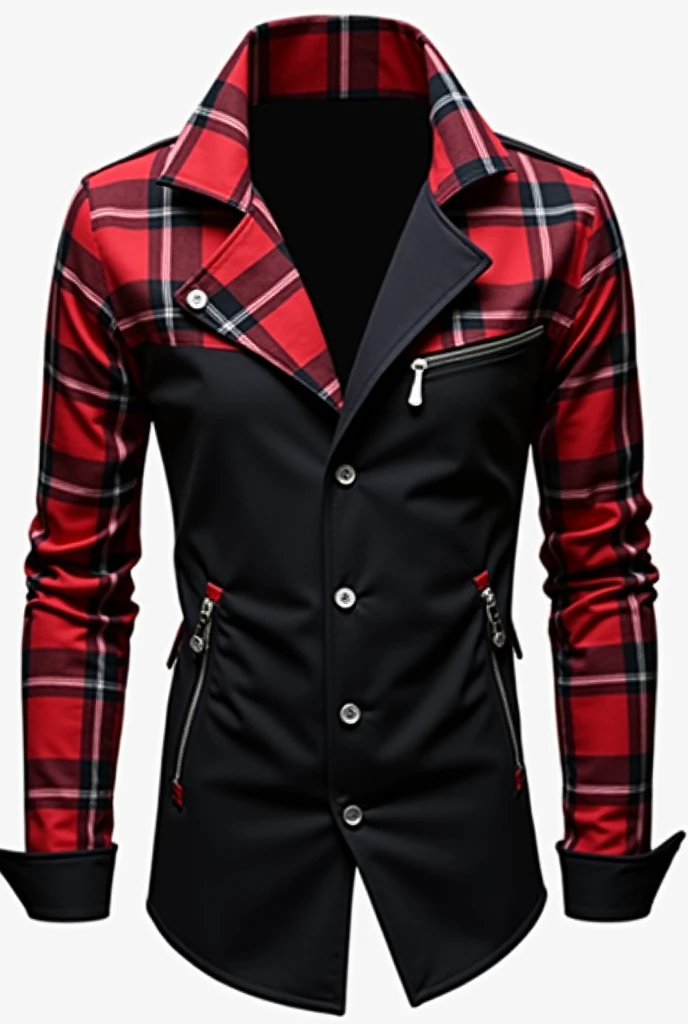 Raglan social shirt, with zipper on top, buttons on the body in the center, open bottom without zipper or buttons, with black shirt body, with long sleeves black and red plaid all over, small beginning of the all black folded sleeve, bottom of the red and black checkered shirt, large red and black plaid collar, two zippered pockets, One on Each Side, men's fashion