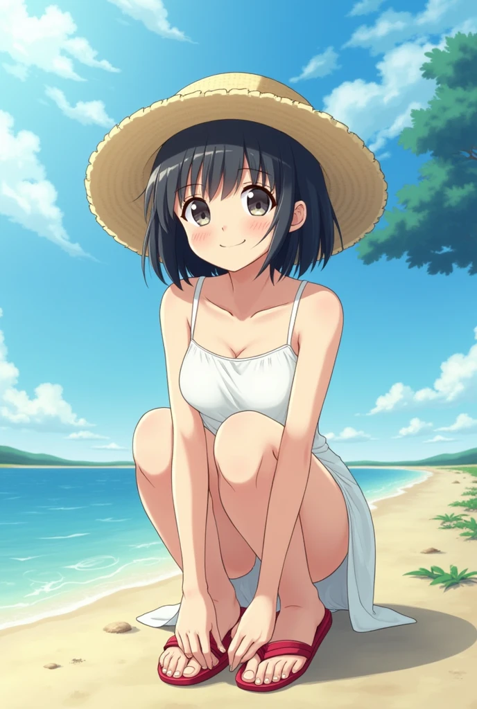 (((masterpiece))), Highest quality, Perfect Anatomy, One girl, (cute), boyish, Black Hair, Berry Short, (Sunburn), (Swimsuit marks), white one-piece dress ,Straw hat, Red sandals, squat,smile, Summer sky, River side, Japanese countryside, Cinema Lighting, Beautiful attention to detail,sunlight, Composition from the front, Top View, Double Peace