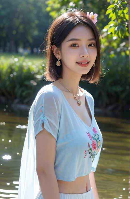 (Portrait of lovely woman in bright windy field, River background，watercourse, The fish jumps out of the water，(Backlight),detail， Practical,Upper Body，best quality, detail，Serious, In the shadows, bloom, [[Chromatic Aberration]，Natural skin texture，Look up，Wearing flowers on the head，Tie your hair up，Low-cut，Large Breasts，Deep groin，earrings，necklace，Smile，Transparent Indian Shirt，,Light Blue，Clothes embroidery)