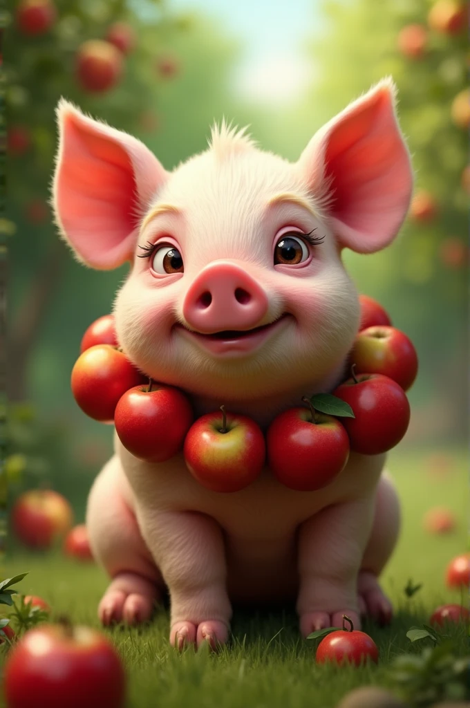 Pig wearing an apple necklace