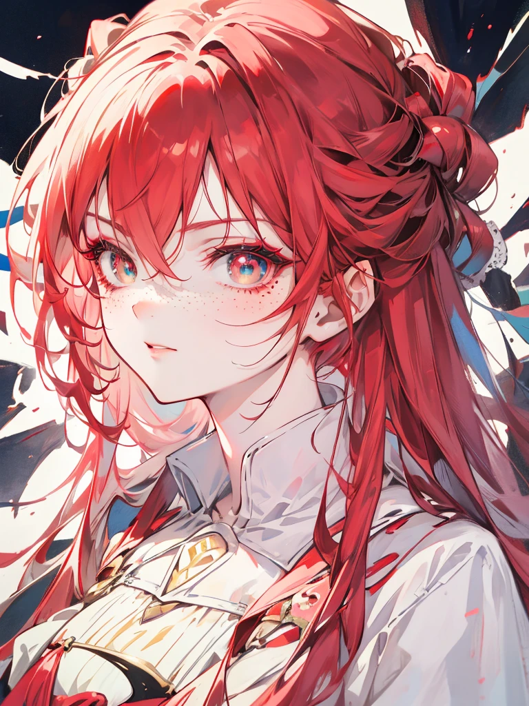 masterpiece, Highest quality, {Highest quality}, {{masterpiece}}, {High resolution}, concentrated, Anime Style, Woman cartoon closeup, Girl Design, Portraiture, Gisha, Anime Images, Long Hair, Redhead, Redhead, Straight eyes, Sophisticated and powerful appearance, exotic, expensive, freckles, Hilarious, Casual chic outfit, colorful, color