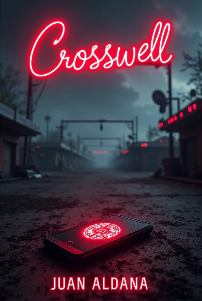 A book cover.
It will be an abandoned fair, The atmosphere will be dark and gloomy.
On the ground you will find a phone lying on the ground. It will be turned on and will display the logo of an application consisting of a neon red letter C..
At the top of the cover will be the name of the book that is: Crosswel. It will be written in neon red letters and in cursive..
At the bottom will be the title of the author who is: Juan Aldana. Written with the same letters as the title.