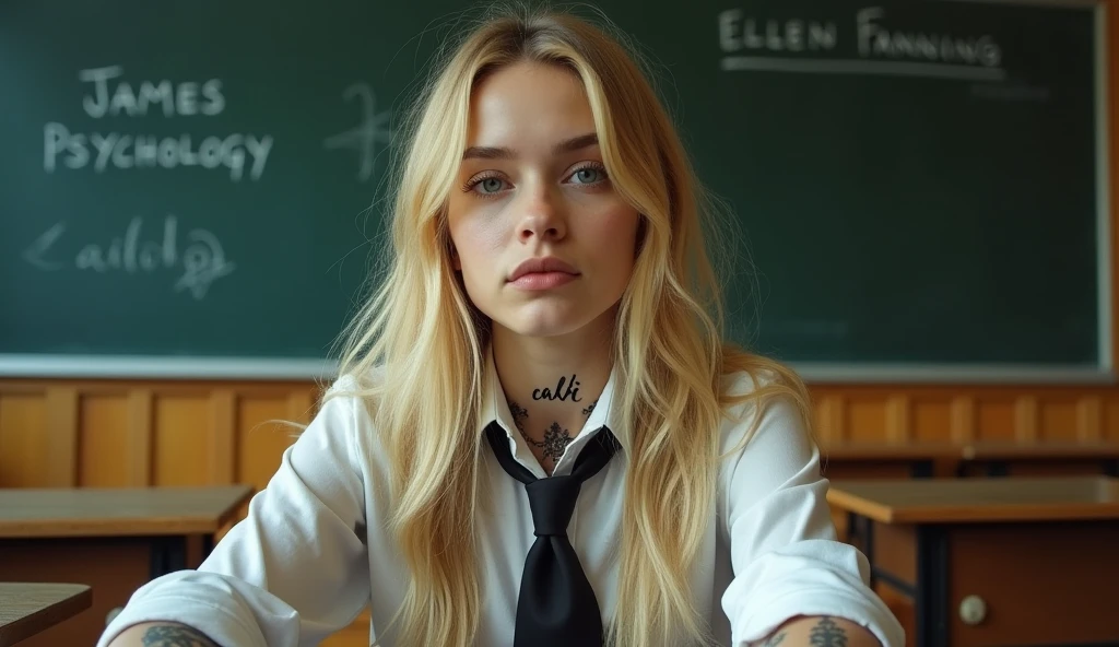 Actress Ellen Fanning sits in what appears to be a classroom setting. He has long blond hair and wears a shirt with a tie., which adds a formal yet youthful touch to your appearance. His gaze is directed towards the viewer, with a calm and introspective expression, that together with his slightly parted lips, adds to your contemplative attitude. His most notable features include the tattoo visible on his neck, what does it say "cali" in a delicate handwriting, and another intricate tattoo on his arm, which suggests a mix of elegance and nervousness in his character. the bottom, although slightly blurry, clearly shows traditional classroom elements, like desks and blackboards that are written "JAMES PSYCHOLOGY", that contrast with its modern and somewhat rebellious aesthetic. This juxtaposition evokes a sense of individuality and defiance compared to conventional environments.
