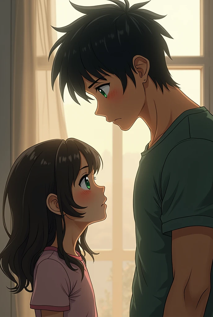 1,65 a dark brown wavy-haired, skinny girl looking forward confused, while on the side a boy 2.04 tall, strong, black hair and green eyes stares at her. adults