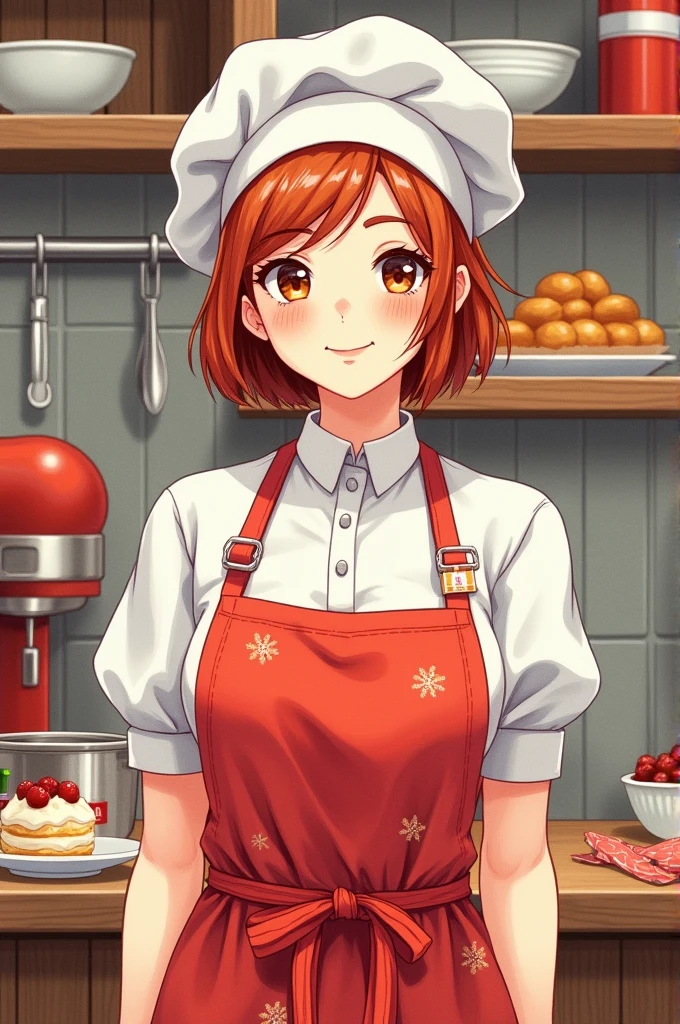 Drawing of a female confectioner with a red apron and chef&#39;s hat