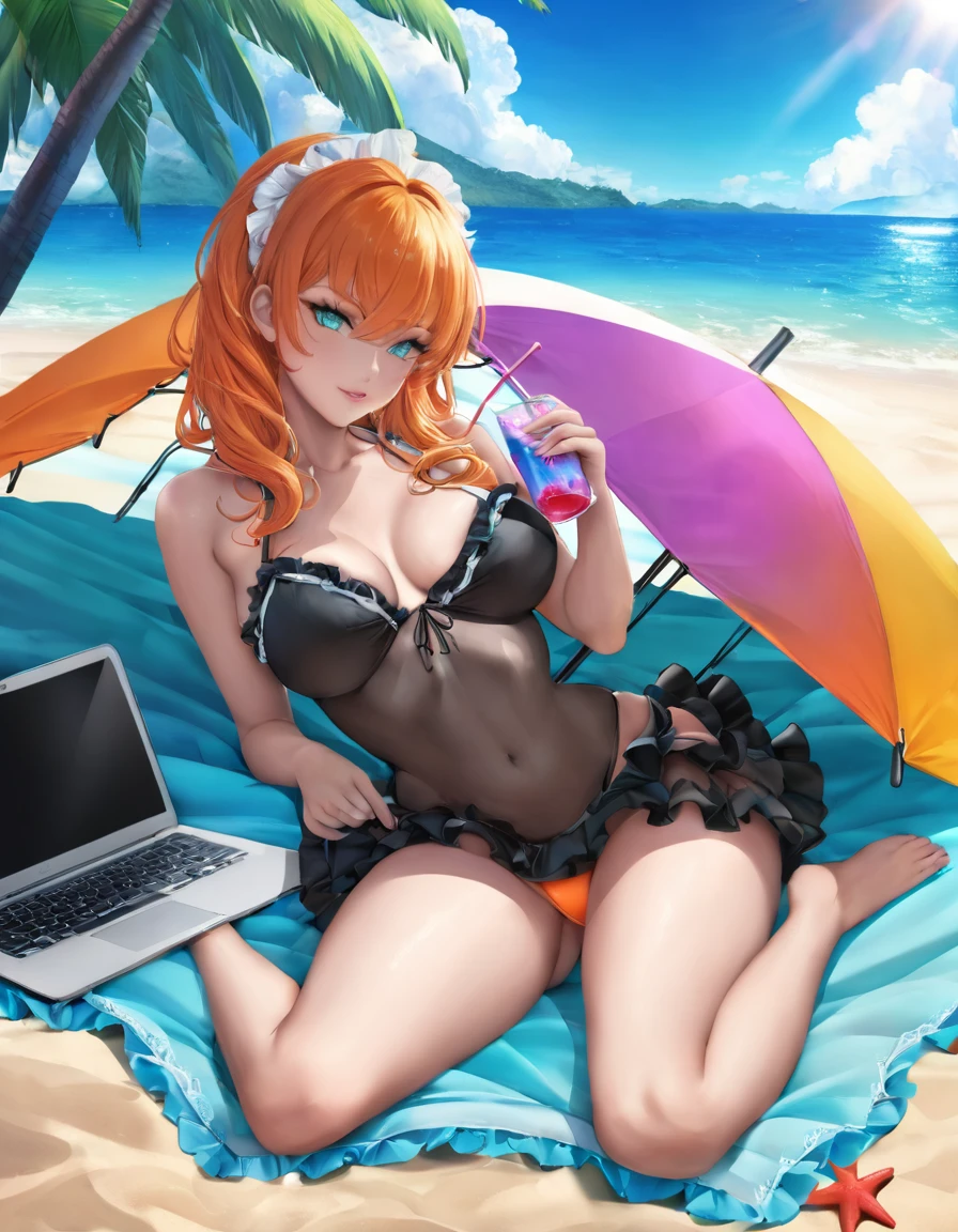 atmosfera sombria oleosa estilo yuyu Hakusho ful hd 4k 100 lines art Elza frozen power Fenix + Sakura sexy seios pequenos e empinados slim with long aqua short orange neon hair lounges on a beach towel under a colorful umbrella. She wears a black neon maio with frills and a sheer, decorated cover-up, appearing relaxed while using a laptop. The background features a tropical beach scene with palm trees, soft waves, and a clear blue sky dotted with clouds. Sunlight glistens on her skin, and a glass with a drink sits nearby.