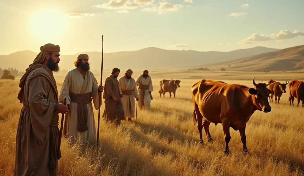 A group of Old Testament Israelites wearing traditional clothing spend a long month searching the farms and fields for the desired cow. A distinctive yellow cow appears among a group of cows.