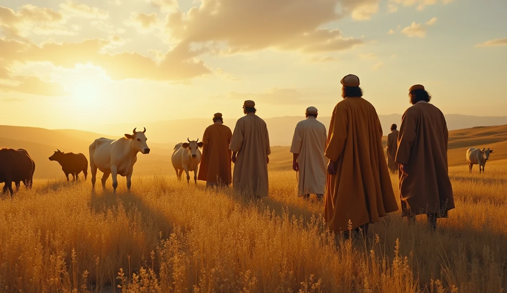 A group of Old Testament Israelites wearing traditional clothing spend a long month searching the farms and fields for the desired cow. A distinctive yellow cow appears among a group of cows. 