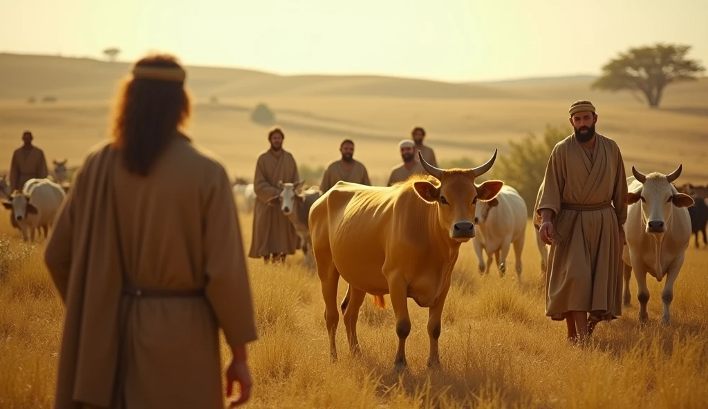 A group of Old Testament Israelites wearing traditional clothing spend a long month searching the farms and fields for the desired cow. A distinctive yellow cow appears among a group of cows. 