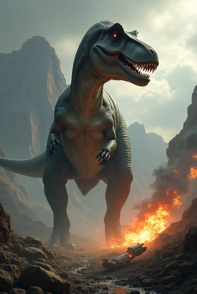 A Tyrannosaurus rex watches in the sky as a small spaceship crashes and catches fire as it devours its prey.