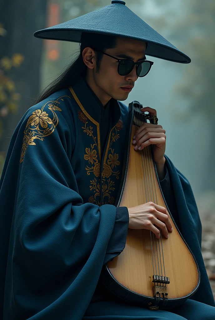 Harpist man in Chinese costume long round blue hat dark glasses