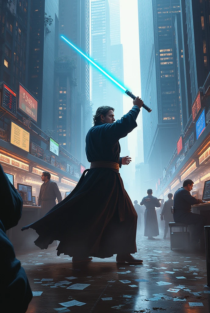 Create a fighting jedi, financial market background image