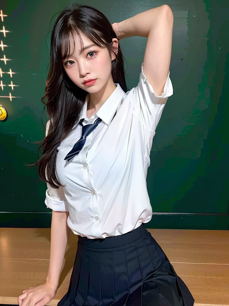 (masterpiece:1.3), (8k, Realistic, RAW Photos, Best image quality: 1.4), (Random Hairstyles:1.2)、(Highly detailed face)、Attention to detail、double eyelid、(Dark Eyes),(Sharp focus:1.2)、((whole body:1.5)),One Woman、Beautiful woman:1. 4,20-year-old woman、smile,Woman with a perfect body,Beautiful Abs,Chest-length hair、Highest quality、masterpiece、Ultra-high resolution、(Realistic:1.4)、super high quality、Symmetrical face、The face is very realistic、Photo level、8k最高画質はフル、Sebaceous reflex、The face is very realistic、Extremely realistic skin、Realistic light and shadow effects、(Pure and elegant girl),Professional Lighting、((Swayback stance)),(((Beautiful thighs))),(Sexy pose,Seductive pose),Recurve your hips back,Bend your waist,((dance,dance,Dancing)),((School classroom,blackboard)),(((School Uniform:1.3,Skirt too short,White Shirt))),tie,(((Accentuate your butt))),(Panties are slightly visible),((パンティーが見えるくらいのSkirt too short))