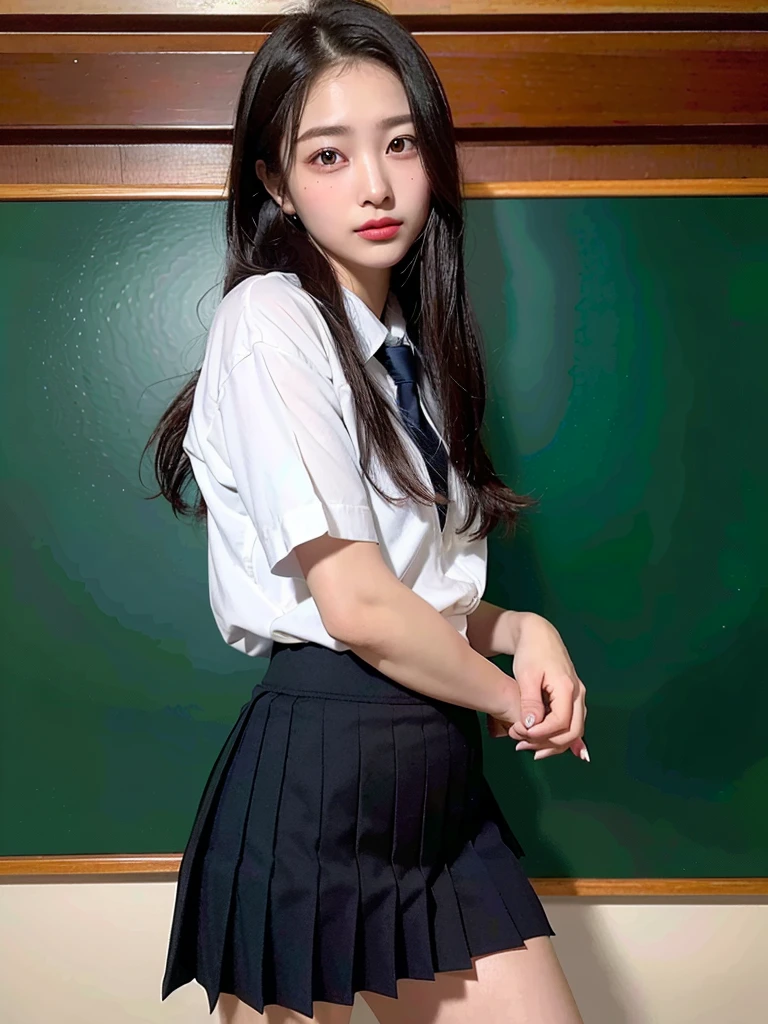(masterpiece:1.3), (8k, Realistic, RAW Photos, Best image quality: 1.4), (Random Hairstyles:1.2)、(Highly detailed face)、Attention to detail、double eyelid、(Dark Eyes),(Sharp focus:1.2)、((whole body:1.5)),One Woman、Beautiful woman:1. 4,20-year-old woman、smile,Woman with a perfect body,Beautiful Abs,Chest-length hair、Highest quality、masterpiece、Ultra-high resolution、(Realistic:1.4)、super high quality、Symmetrical face、The face is very realistic、Photo level、8k最高画質はフル、Sebaceous reflex、The face is very realistic、Extremely realistic skin、Realistic light and shadow effects、(Pure and elegant girl),Professional Lighting、((Swayback stance)),(((Beautiful thighs))),(Sexy pose,Seductive pose),Recurve your hips back,Bend your waist,((dance,dance,Dancing)),((School classroom,blackboard)),(((School Uniform:1.3,Skirt too short,White Shirt))),tie,(((Accentuate your butt))),(Panties are slightly visible),((パンティーが見えるくらいのSkirt too short))