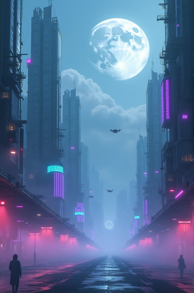 Imagine a futuristic landscape full of neon and mystery. The setting is an advanced city, with geometrically shaped skyscrapers and neon accents shining in colors like blue, purple and green. The streets are deserted, shrouded in a soft mist that reflects the colored lights, creating an ethereal and enigmatic effect.
No fundo, a huge full moon dominates the sky, partially covered by thin, dark clouds that appear almost translucent. The moon emits a silvery light that blends with the neon colors, creating a contrast between the natural and the artificial. Small drones or hovercraft can be seen hovering in the atmosphere, reinforcing the futuristic environment.
The horizon is mysterious, with lights flashing in the distance, suggesting life and technology, but keeping an air of secrecy. The image should convey a sense of intrigue and beauty., with the moon and clouds adding a touch of mystery to the vibrant cityscape.