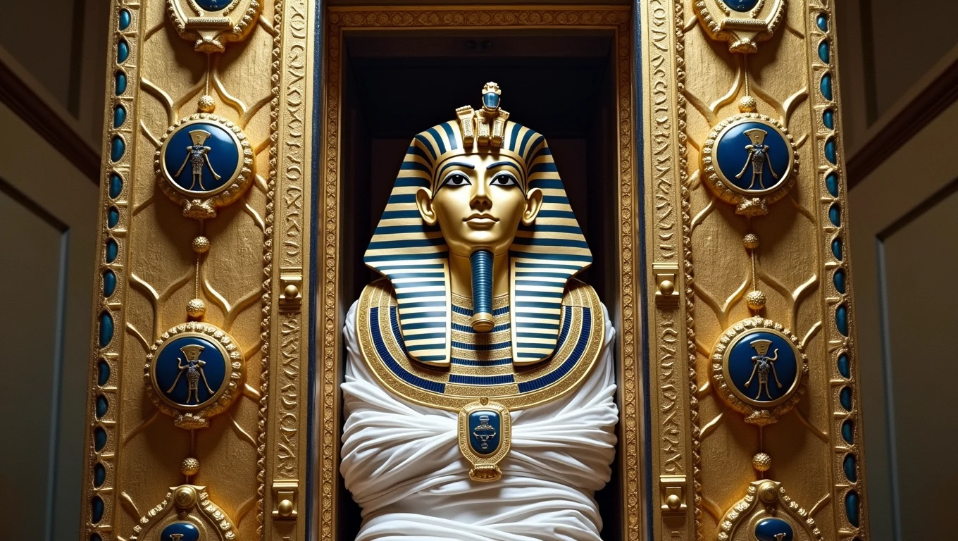 A captivating cinematic image of the magnificent mummy of Pharaoh Tutankhamun emerging from a beautifully carved, golden sarcophagus. The mummy is meticulously wrapped in pristine white linen, and the intricate design of the sarcophagus is adorned with stunning gold and sapphire amulets, each representing a different ancient Egyptian god and offering protection to the pharaoh on his journey to the afterlife. The grandeur and architecture of the sarcophagus emphasize Tutankhamun's divine status within Egyptian culture and beliefs. This breathtaking photograph perfectly combines photography, architecture, and cinematography to create an awe-inspiring scene., cinematic, photo, architecture