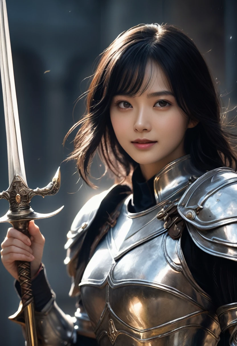 ((Highest quality)), ((masterpiece)), (Get used to it), Perfect Face, Shoulder-length black hair、28-year-old female。In dazzling silver armor、Like Joan of Arc、Smiling Kindly。With his right hand he points his sword at me.、Left hand vertical defense、Preparing for Battle.、A bright light shines from behind, Enveloping the entire body.