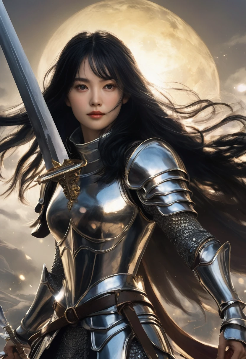 ((Highest quality)), ((masterpiece)), (Get used to it), Perfect Face, Shoulder-length black hair、28-year-old female。In dazzling silver armor、Like Joan of Arc、Smiling Kindly。With his right hand he points his sword at me.、Left hand vertical defense、Preparing for Battle.、A bright light shines from behind, Enveloping the entire body.