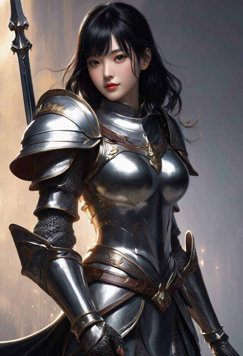 ((Highest quality)), ((masterpiece)), (Get used to it), Perfect Face, Shoulder-length black hair、28-year-old female。In dazzling silver armor、Like Joan of Arc、Smiling Kindly。With his right hand he points his sword at me.、Left hand vertical defense、Preparing for Battle.、A bright light shines from behind, Enveloping the entire body.