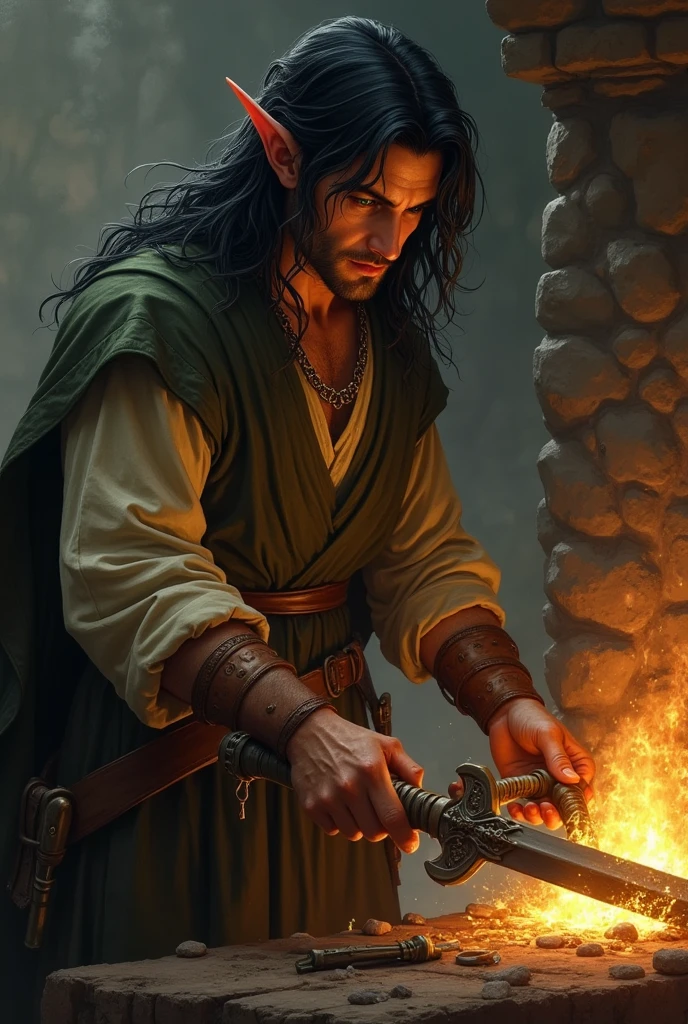 A half elf, male, mature appearance, Bblack hair, with one green eye and one brown eye, forging a sword in the forge, strong bodie,