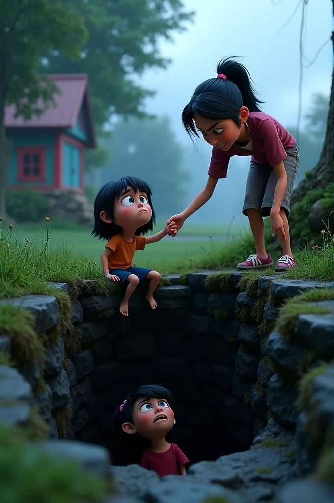 Emotions of Riley from Inside Out 2 helping a girl falling down a well