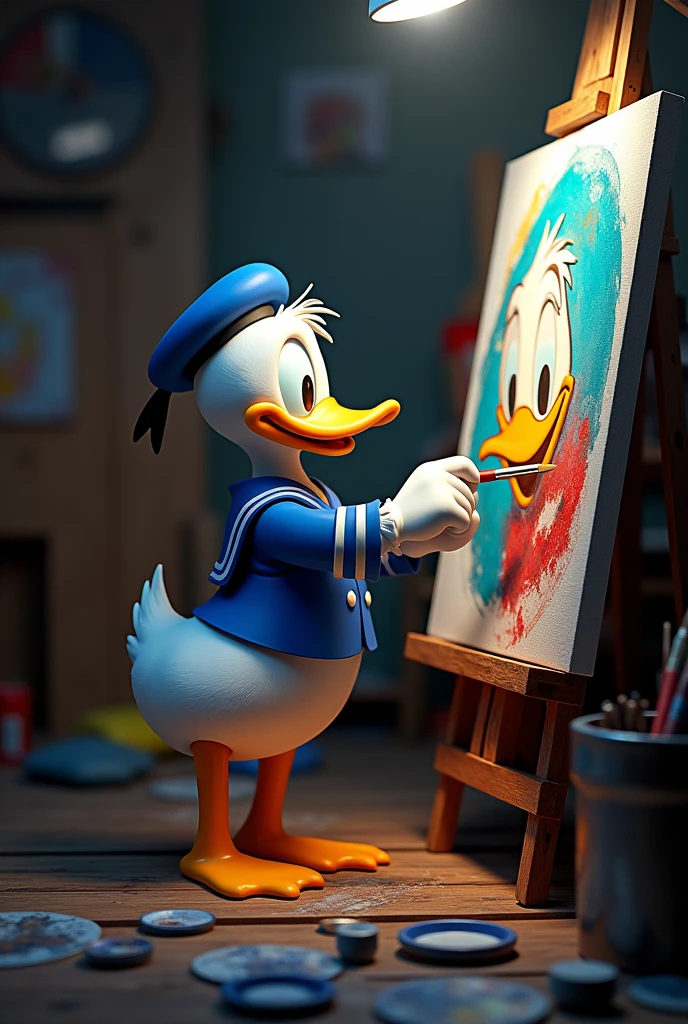 Donald Duck stands in his studio and paints a picture by Andy Warhol on a canvas. dramatic light/Shadow Situation. Hyperrealistic foto.