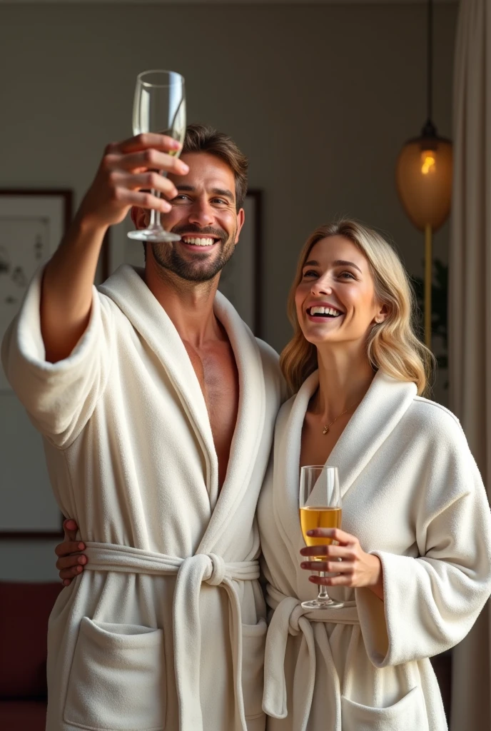 Create as realistic a man in a bathrobe next to his wife also in a bathrobe celebrating something as possible.