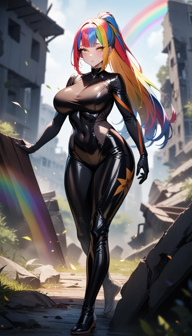 1girls,solo,super detailed skin,shiny skin,wet oily skin,expressionless, detailed eyes,half open eyes,eyelashes,lips gloss,(rainbow colored hair:1.3),straight hair,ponytail,hime cut,,large breasts,beautiful shaped breasts,full body suit,Leather body suit,ninja style,ruins,model pose,masterpiece,best quality,ultra detailed,high resolution,sharp focus,depth of field