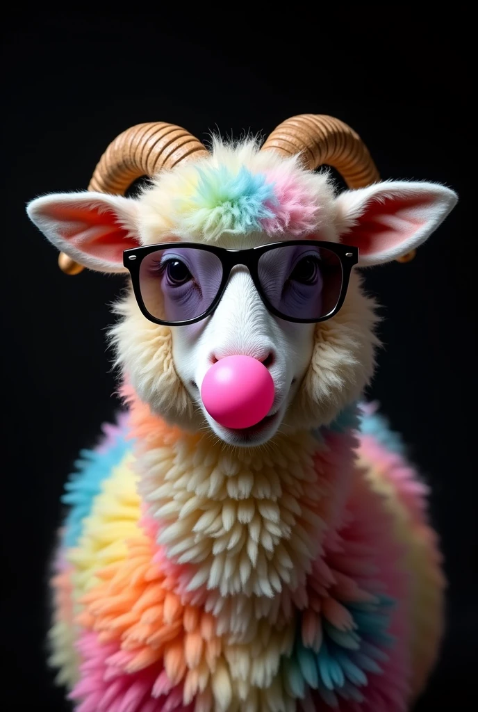Create a picture of a sheep with colorful fluffy fur, to chew gum, that does not have horns, wear dark mirrored glasses on a black background and smile