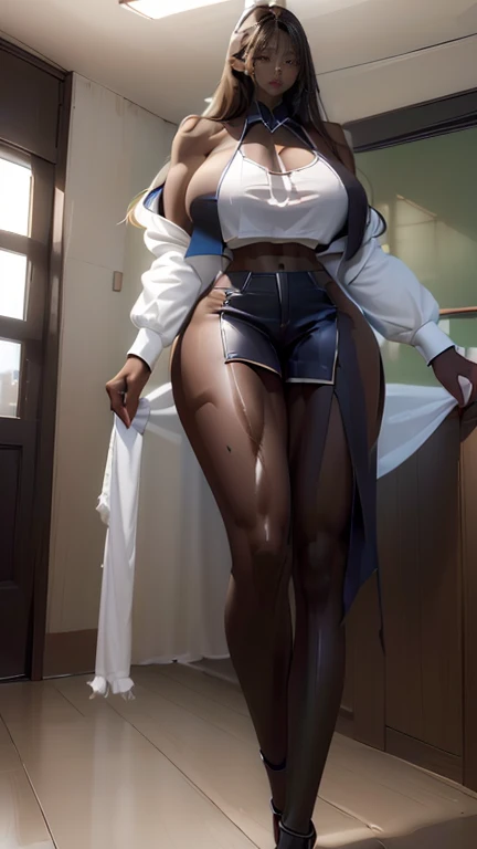 Super huge , Masterpiece,Best quality,A high resolution, 1girll,From below,(Very thin and straight legs,(Very long legs，Straight legs),High heels,long leges,standing on your feet, Long legs as seen from the front, Perfect body,with perfect legs,(exteriors)，ditail lips, pink lips, long hair, cleavagasts, beautian girl, gal, shining skin, brown hair, dark skin, tanned skin, brown skin, gigantic breasts, JK , hi-schoosuper short pants, school student uniform, Chest bulge, 1 girl, heavy makeup, glowy skin, smile, (Huge breasts:1.8), lipstick, thickwhite shirt, large earrings, Leaning forward, (oily skin:1.6), (abs:1.8), (dark skin:1.8),(muscular:1.8)
