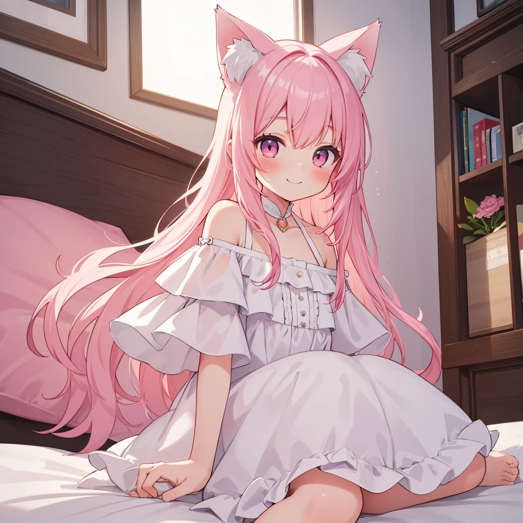 Highest quality, masterpiece, detailed, 1 person,girl,small,blush,smile,Off-the-shoulder dress,White Dress, Pink Hair,,Long Hair,Cat ear,Fox tail,Dark bedroom,Sit on the bed,From below