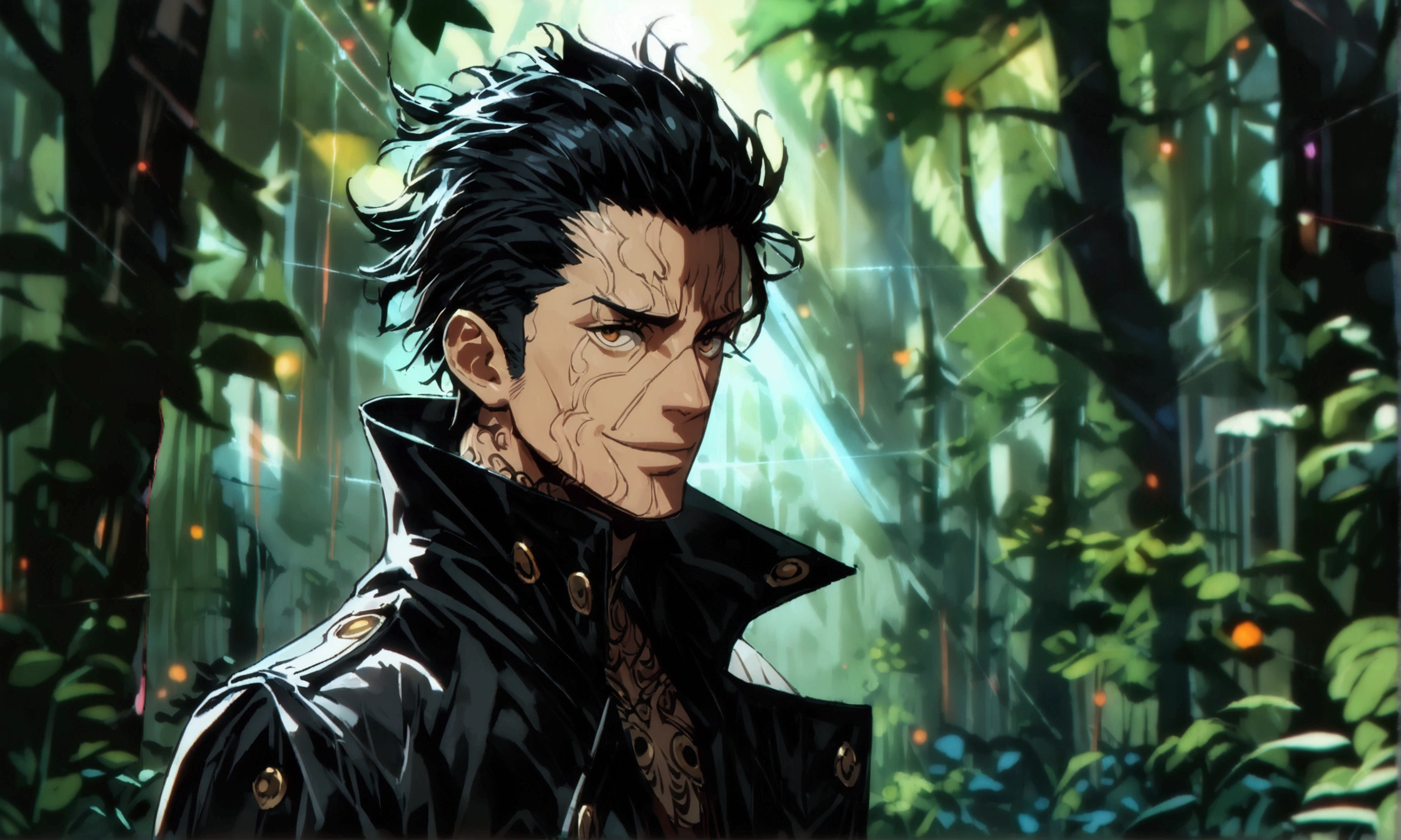 Brazilian man, big and defined body, black mohawk, black coat with high collar, cheerful smile, stylish pose, dark forest background, ((Intricate anime character design inspired by One Piece)), ((impressive lighting)), ((fine lines)), ((impressive focus)), ((impressive face)), ((detailed focus)), ((detailed background)), ((ultra-fine 2D design)), ((scenery bathed in creativity)), ((2D masterpiece)), ((best quality), ((8K)), ((anime style))