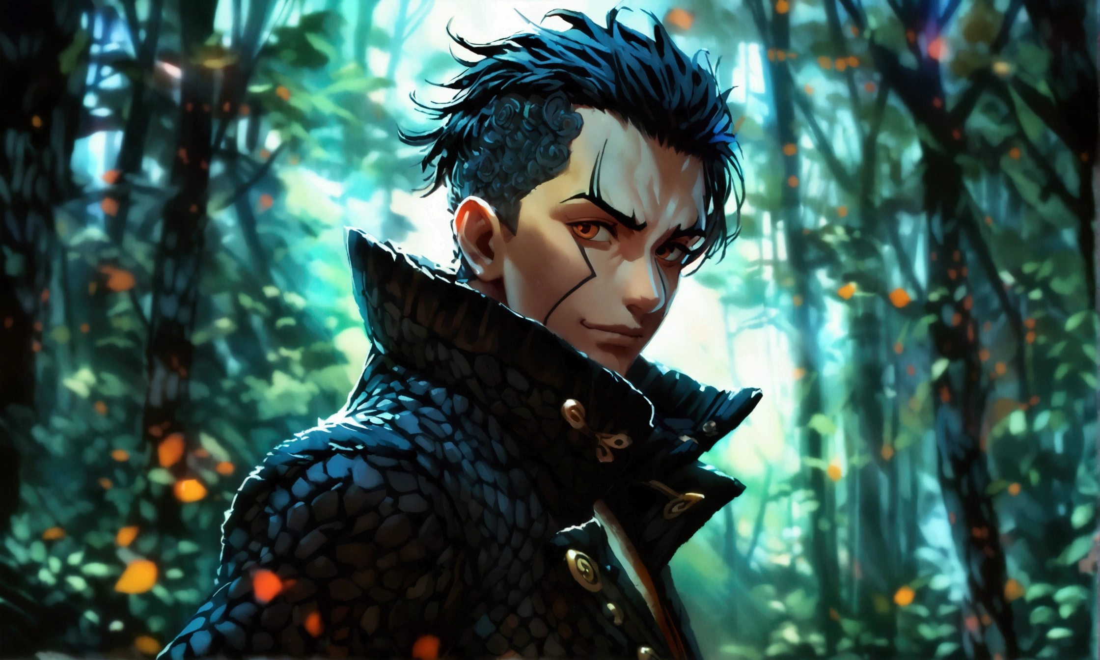 Brazilian man, big and defined body, black mohawk, black coat with high collar, cheerful smile, stylish pose, dark forest background, ((Intricate anime character design inspired by One Piece)), ((impressive lighting)), ((fine lines)), ((impressive focus)), ((impressive face)), ((detailed focus)), ((detailed background)), ((ultra-fine 2D design)), ((scenery bathed in creativity)), ((2D masterpiece)), ((best quality), ((8K)), ((anime style))