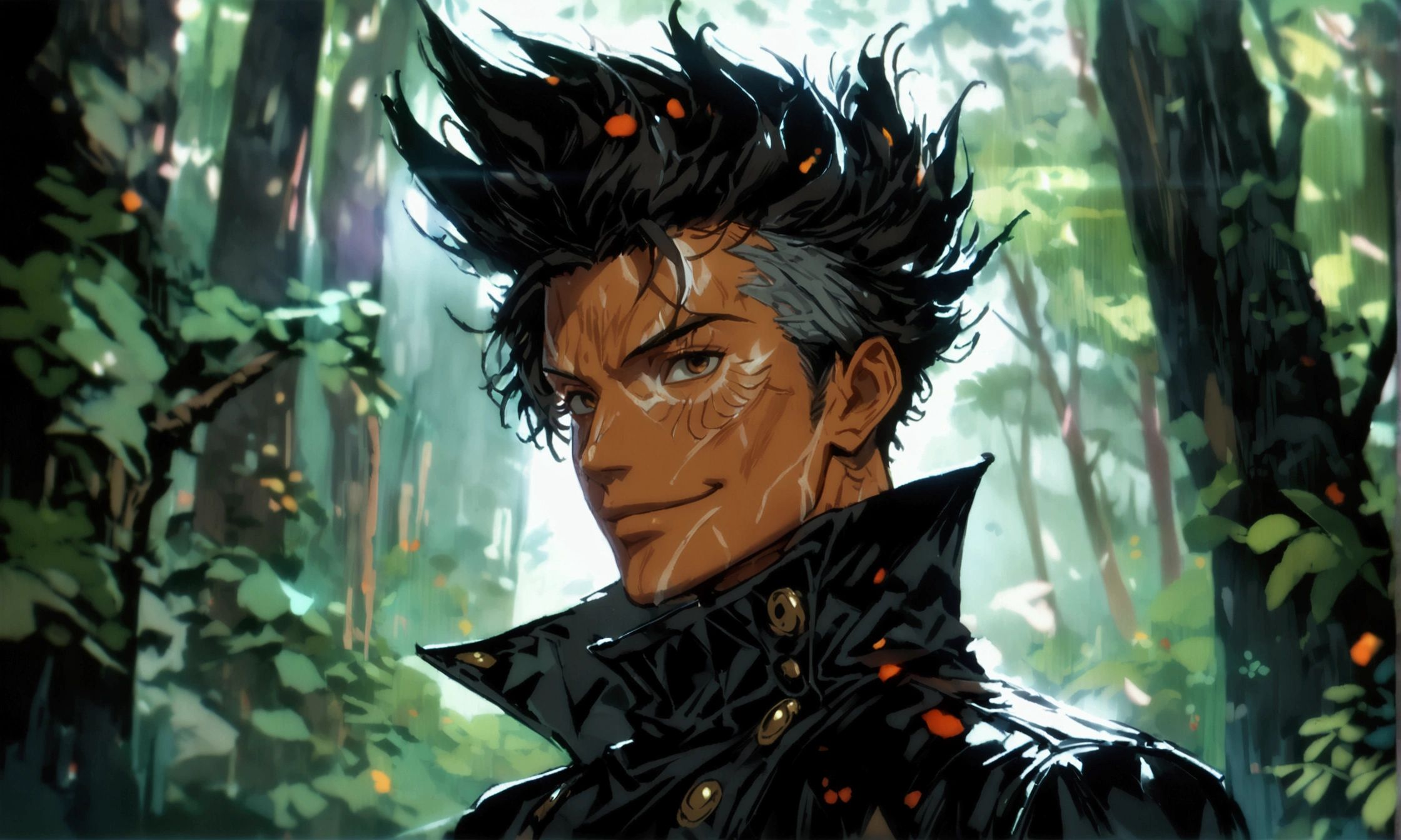 Brazilian man, big and defined body, black mohawk, black coat with high collar, cheerful smile, stylish pose, dark forest background, ((Intricate anime character design inspired by One Piece)), ((impressive lighting)), ((fine lines)), ((impressive focus)), ((impressive face)), ((detailed focus)), ((detailed background)), ((ultra-fine 2D design)), ((scenery bathed in creativity)), ((2D masterpiece)), ((best quality), ((8K)), ((anime style))
