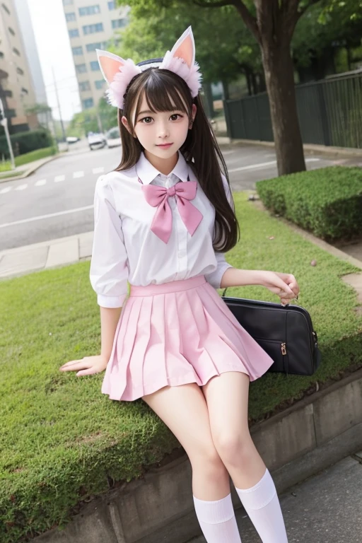 Cute Girls､high school girl､uniform､Ultra mini skirt､See-through､Fluttering in the wind､Pink cat ears､sit